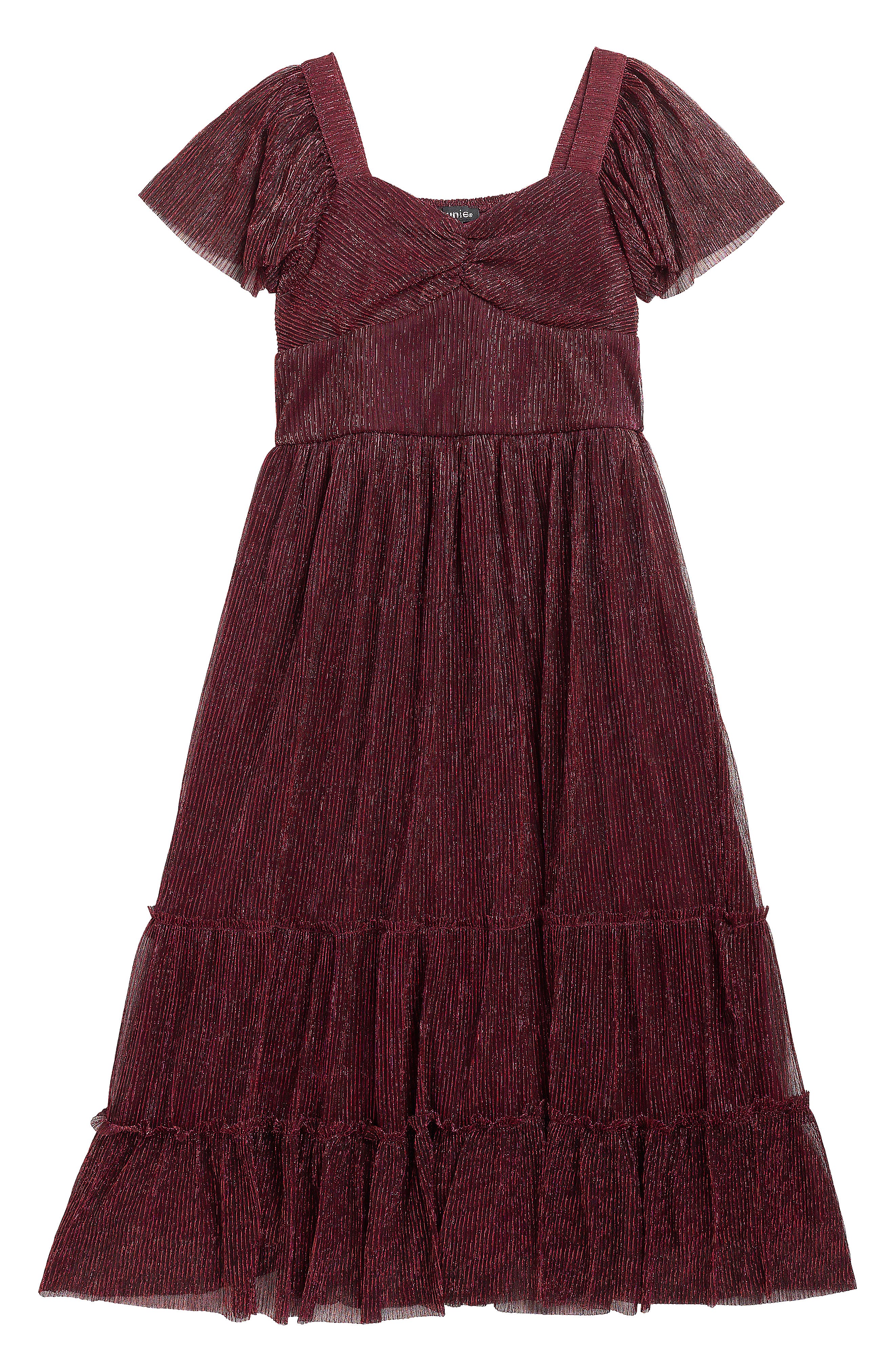 Zunie Kids' Metallic Tiered Plissé Maxi Party Dress in Black/pink 