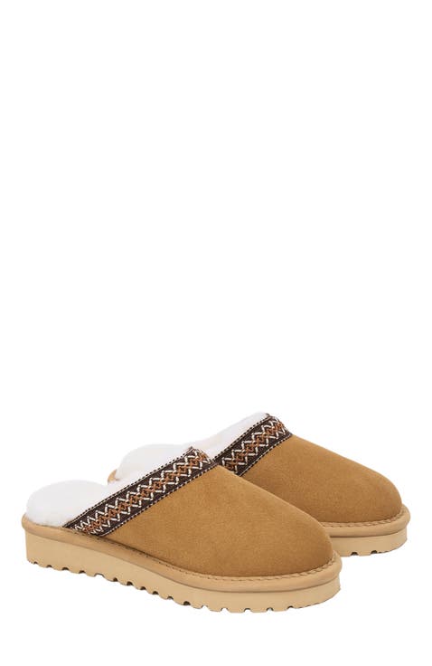 Braid Trim Shearling Slippers