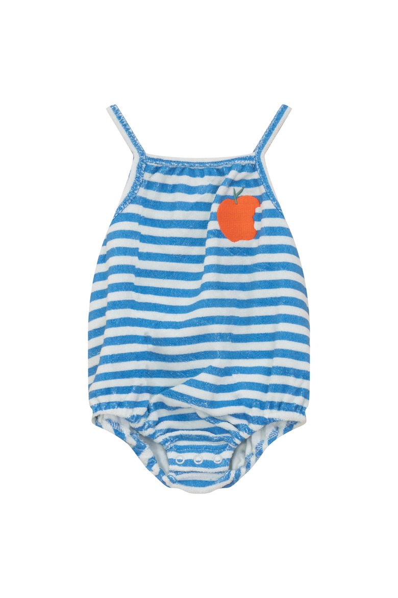 Terry Peach Striped Embroidered Artwork Elastic Leg Romper, Main, color, Blue