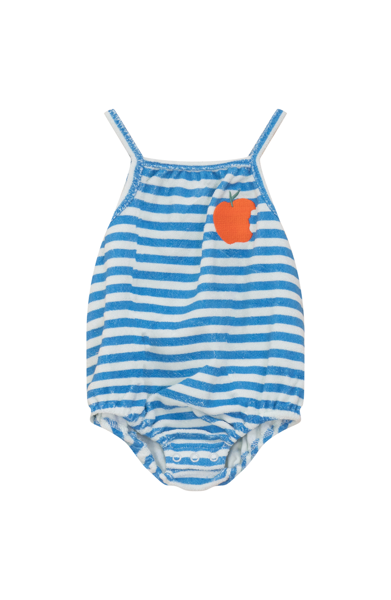 Puddles Terry Peach Striped Embroidered Chest Romper, Main, color, Blue