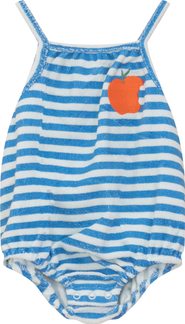 Puddles Terry Peach Striped Embroidered Artwork Elastic Leg Romper