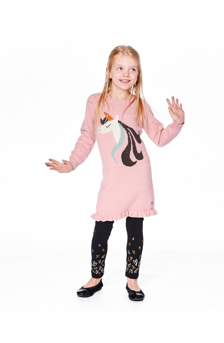 Deux par Deux Knitted Dress with Unicorn Intarsia, Main, color, Dusty Pink