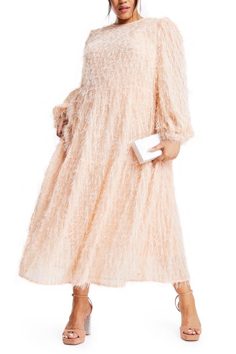 Curve Tiered Fringe Long Sleeve Midi Dress, Main, color, LIGHT PINK