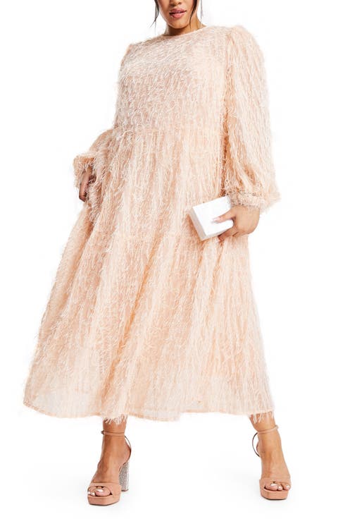 Curve Tiered Fringe Long Sleeve Midi Dress