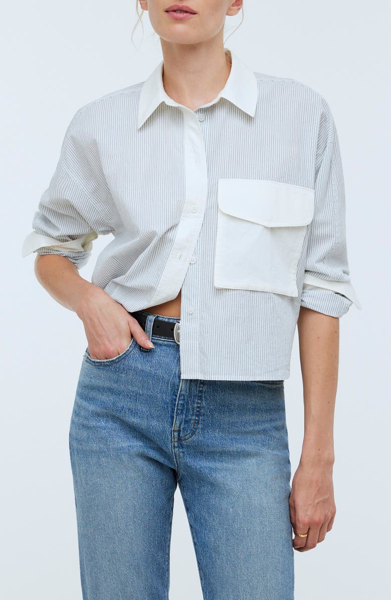 Madewell Stripe Cotton Cargo Pocket Crop Shirt, Main, color, 