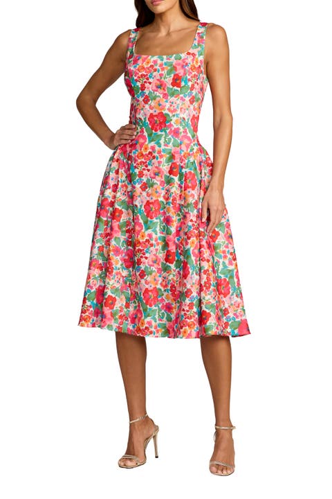 Crepe Floral Square Neck Sleeveless Midi Dress