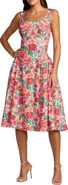 Mac Duggal Crepe Floral Square Neck Sleeveless Midi Dress
