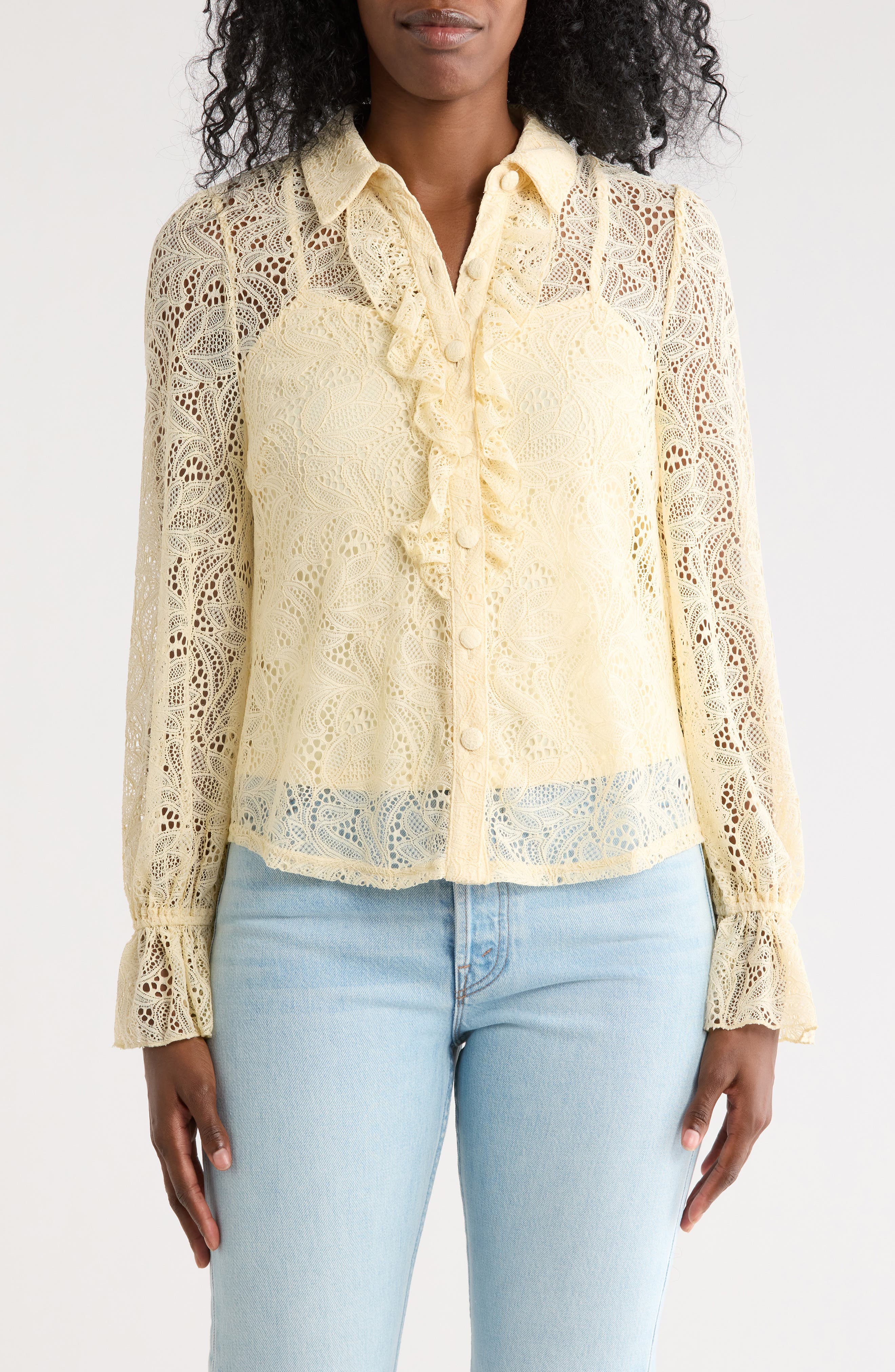 Nicole Miller Ruffle Long Sleeve Lace Button-Up Top