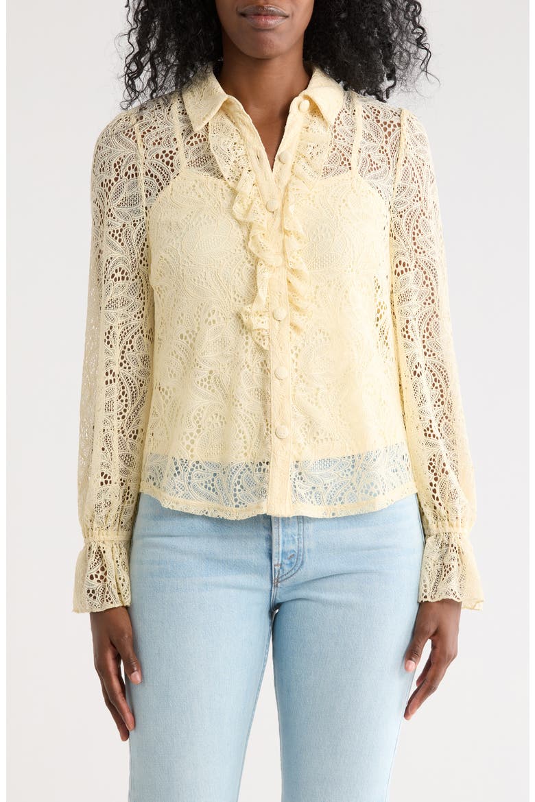 Ruffle Long Sleeve Lace Button-Up Top, Main, color, RUTABAGA