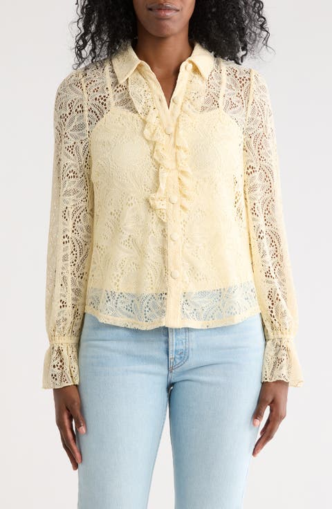 Ruffle Long Sleeve Lace Button-Up Top