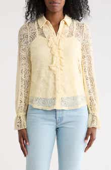 Nicole Miller Ruffle Long Sleeve Lace Button-Up Top