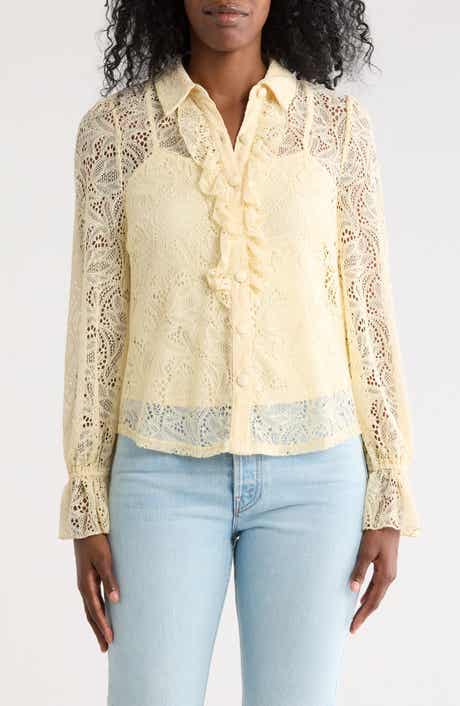 Nicole Miller Ruffle Long Sleeve Lace Button-Up Top