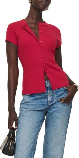 Reformation Women's Raelynn Button Front Organic Cotton Knit Top - White - Short sleeve tops