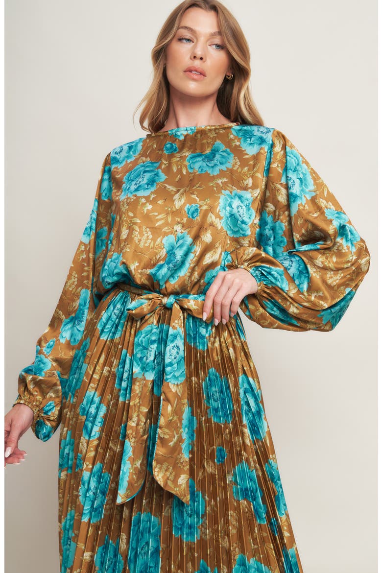 Long Sleeve Print Pleated Maxi Dress, Alternate, color, DIJON