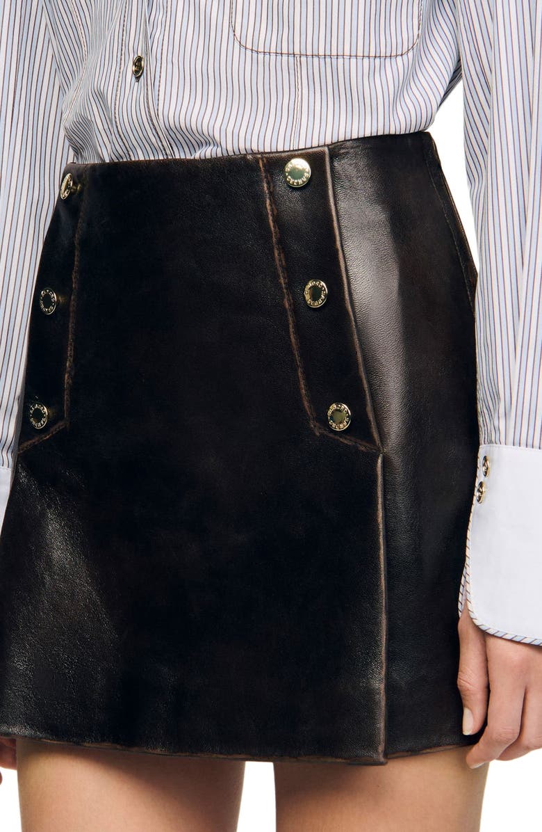 SANDRO Short aged leather skirt, Alternate, color, Brown