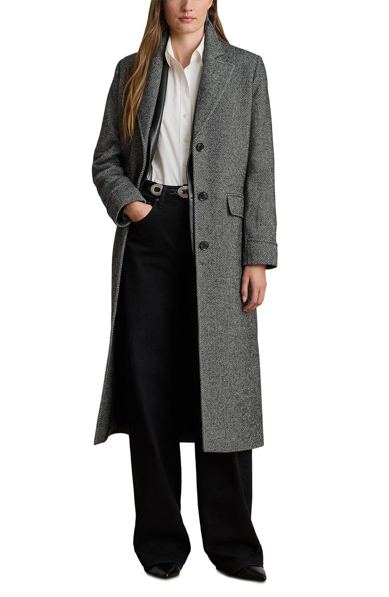 Lauren Ralph Lauren Longline Herringbone Wool Blend Reefer Coat, Main, color, Black/ Cream Broken Twill