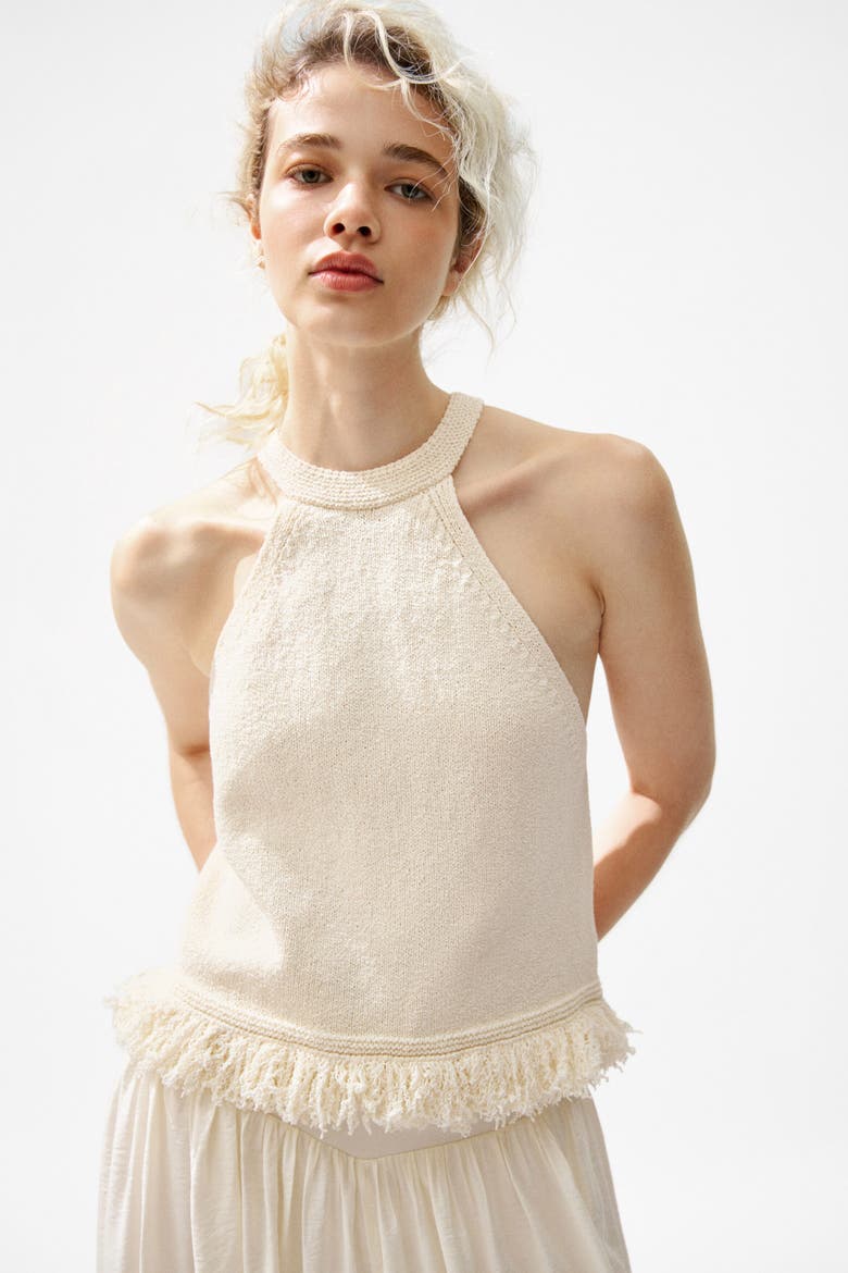 Fringe-trimmed Knitted Top, Alternate, color, Cream