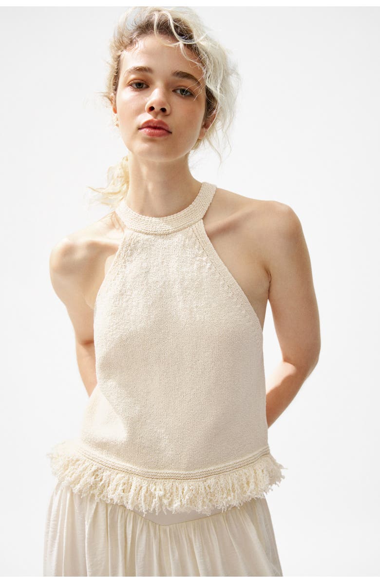 H&M Fringe-trimmed Knitted Top, Alternate, color, Cream