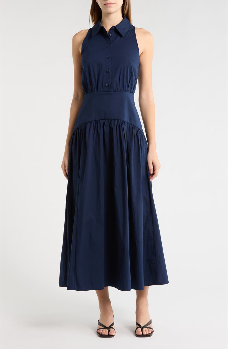 STAUD Romy Sleeveless Stretch Cotton Shirtdress, Main, color, Navy