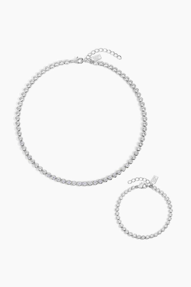 Jewel Bezel Tennis Bracelet and Necklace - Silver Set of 2, Main, color, Silver