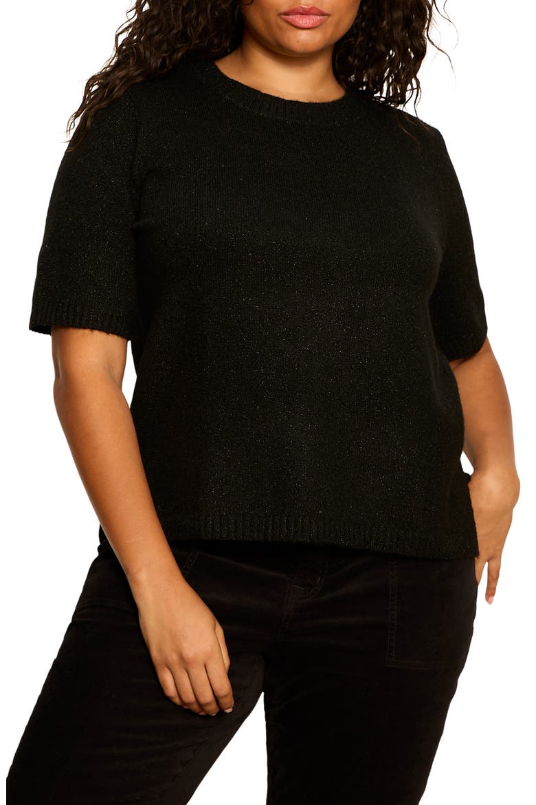 Perfect Sequin Short Sleeve Sweater, Main, color, BLACK