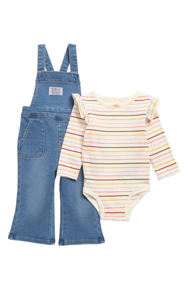 Levi's<sup>®</sup> Stripe Long Sleeve Bodysuit & Flare Denim Overalls Set, Main, color,