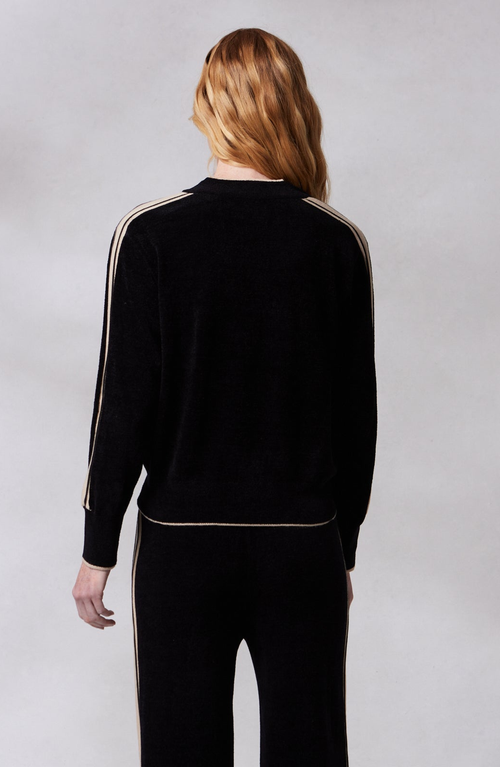 Shop Kashwere Apparel V Neck Track Sweater In Black/sand Stripe