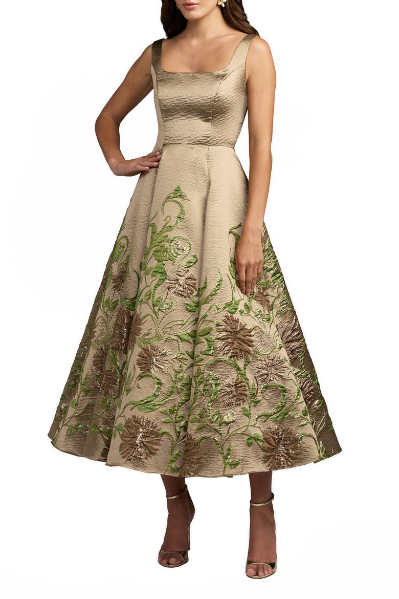 Embroidered Floral Jacquard A-Line Midi Dress, Main, color, Gold