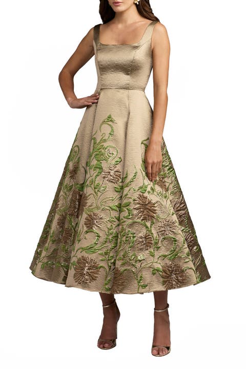 Embroidered Floral Jacquard A-Line Midi Dress