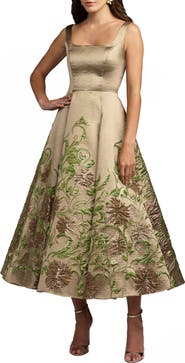 Mac Duggal Embroidered Floral Jacquard A-Line Midi Dress