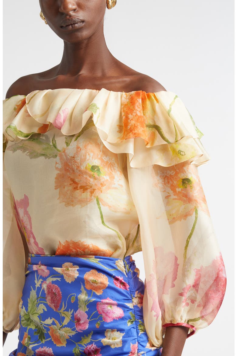 Poppy Print Silk Organza Off the Shoulder Top, Alternate, color, ALMOND MULTI
