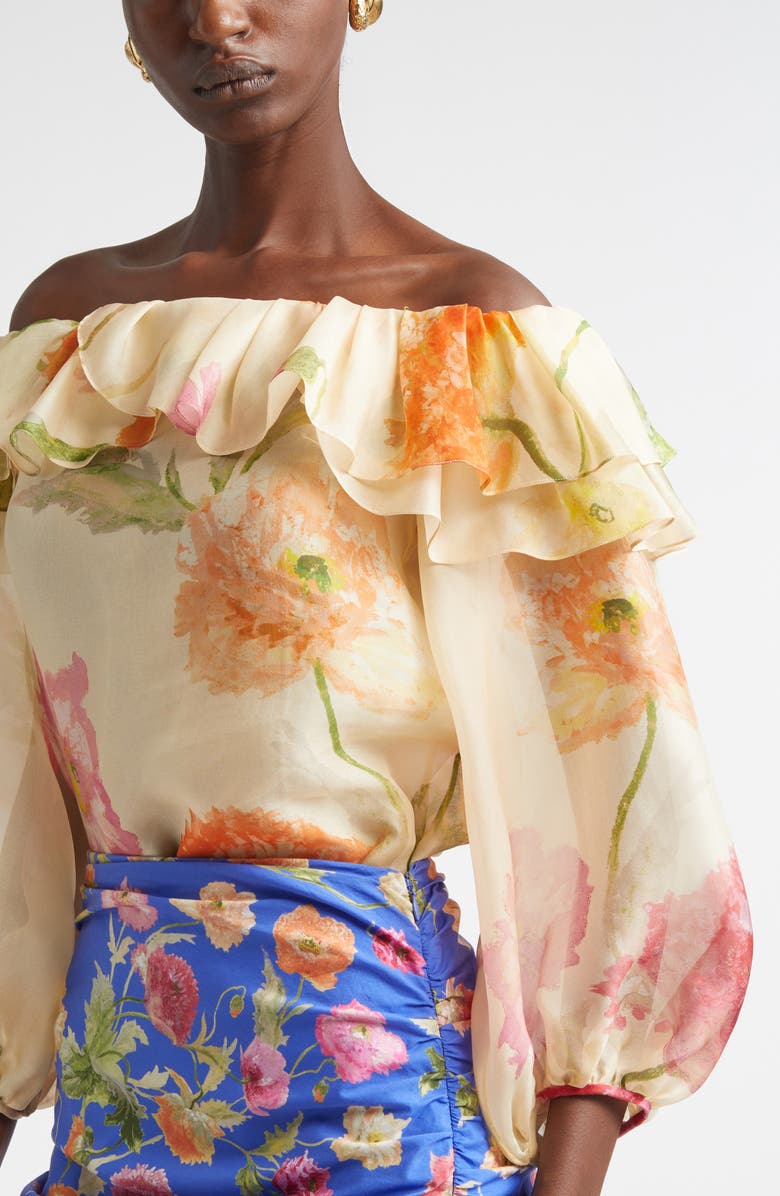 Carolina Herrera Poppy Print Silk Organza Off the Shoulder Top, Alternate, color, Almond Multi