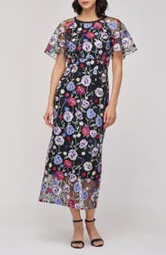 JS Collections Embroidered Floral Mesh Cocktail Dress