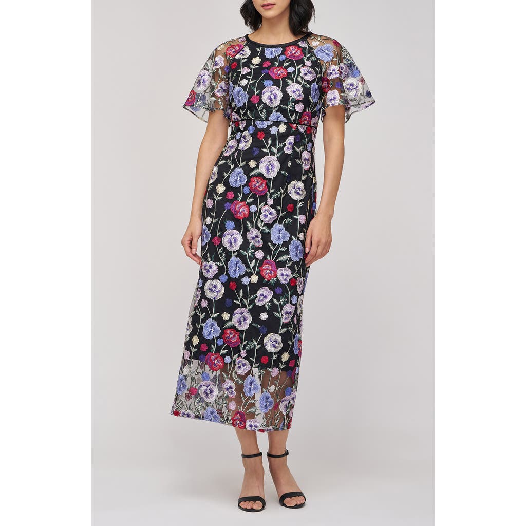 Js Collections Embroidered Floral Mesh Cocktail Dress In Multi