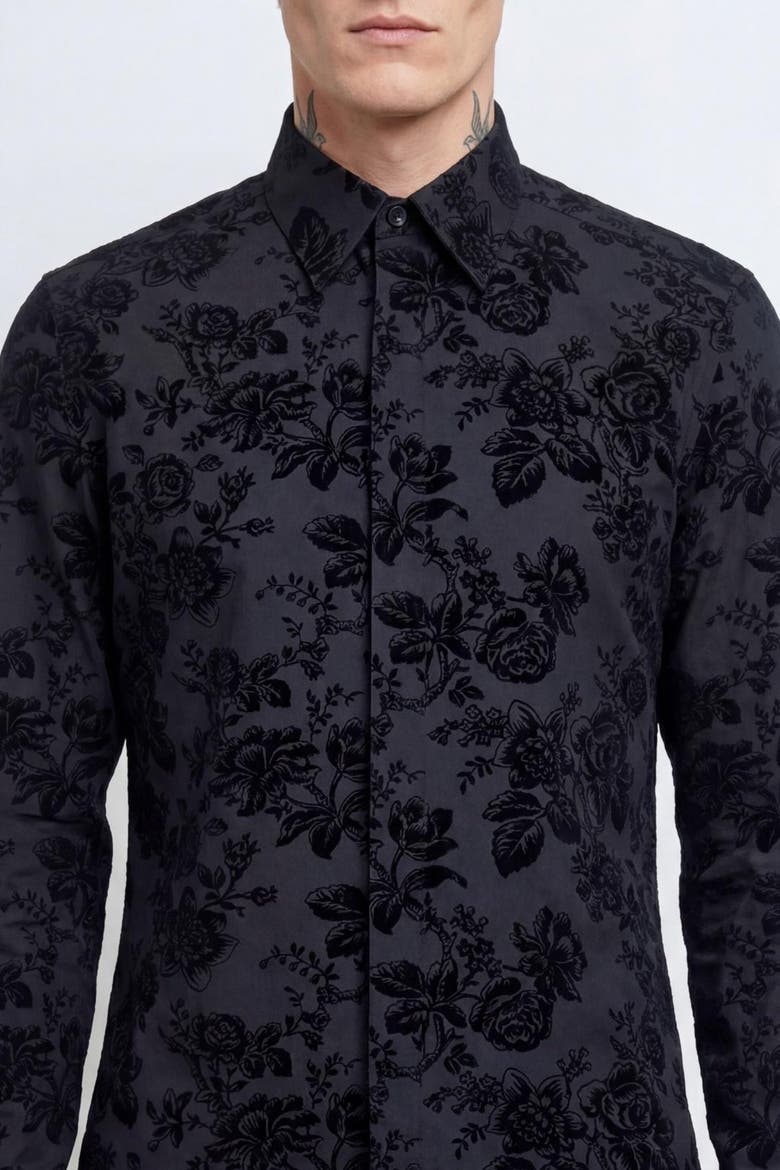 Armada Slim Fit Floral Flocked Shirt, Alternate, color, Black