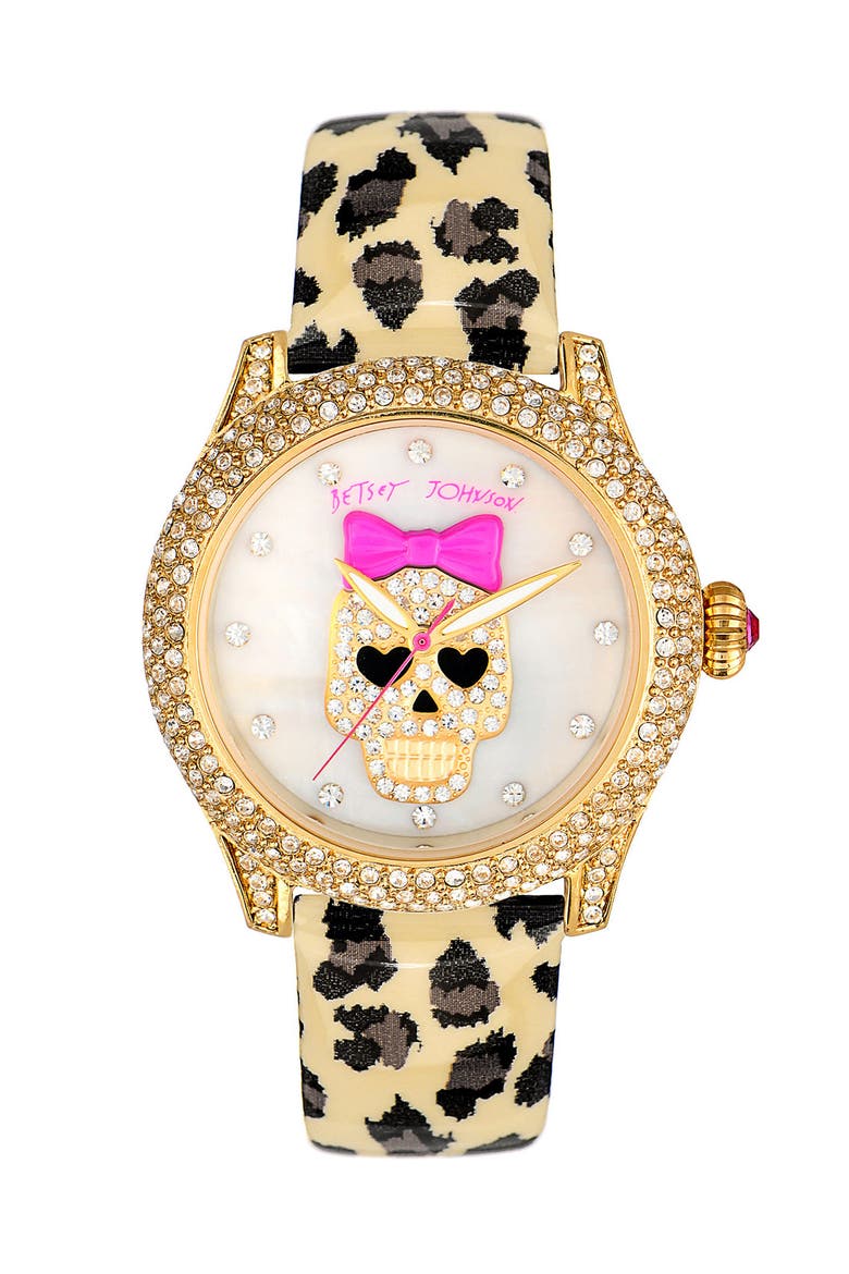 Skull Dial Leather Strap Watch, 40mm, Main, color, GOLD/ LEOPARD