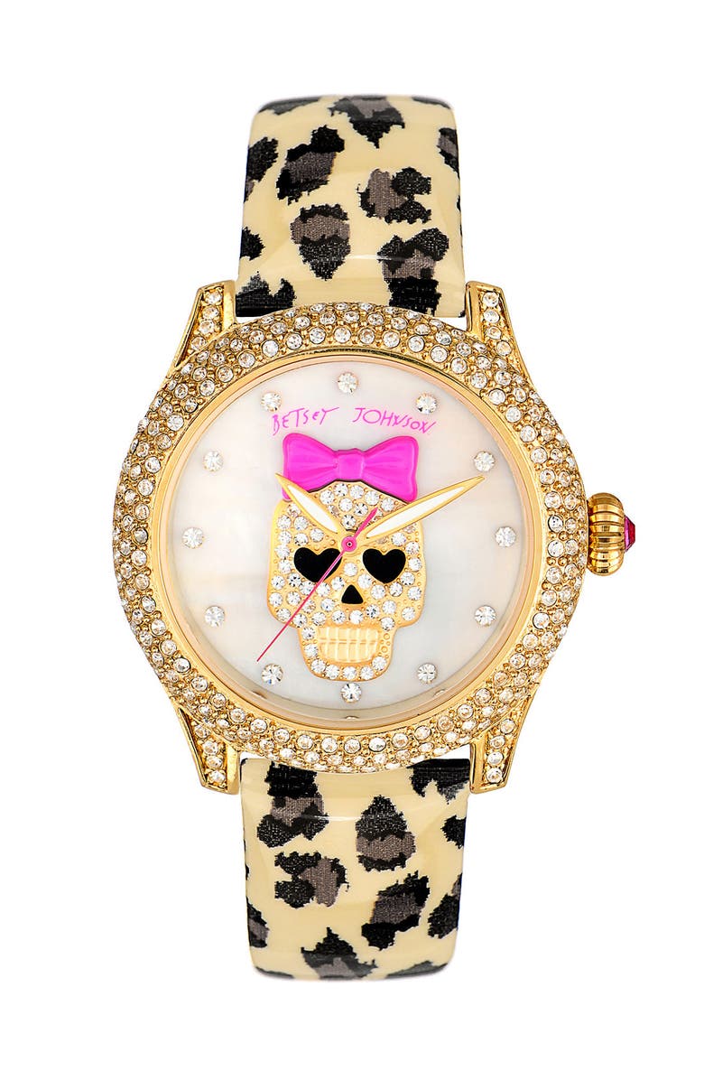 Betsey Johnson Skull Dial Leather Strap Watch, 40mm, Main, color,