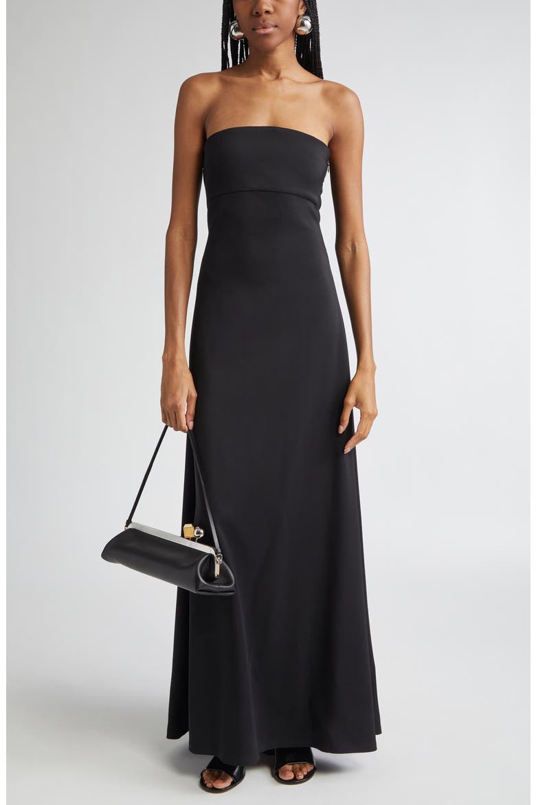 La Robe Bustier Strapless Crepe Jersey Maxi Dress with Train, Main, color, BLACK