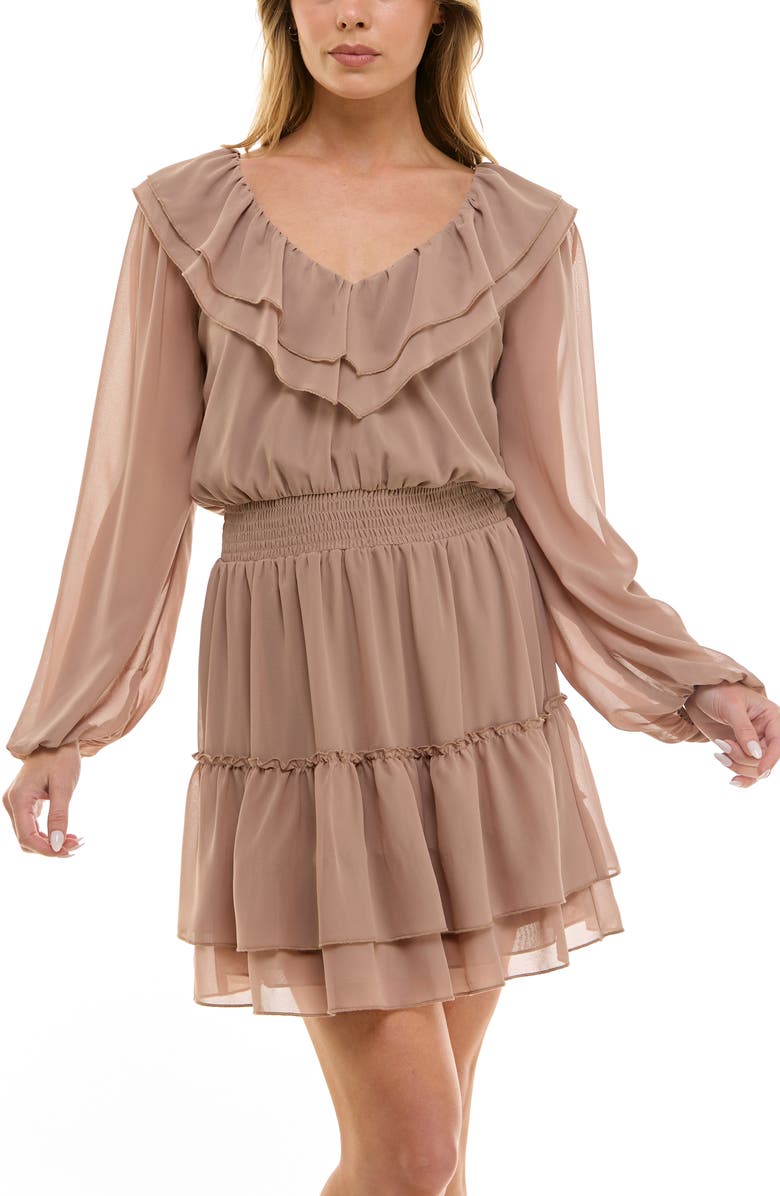 Socialite Long Sleeve Tiered Ruffle Minidress, Alternate, color, Mocha