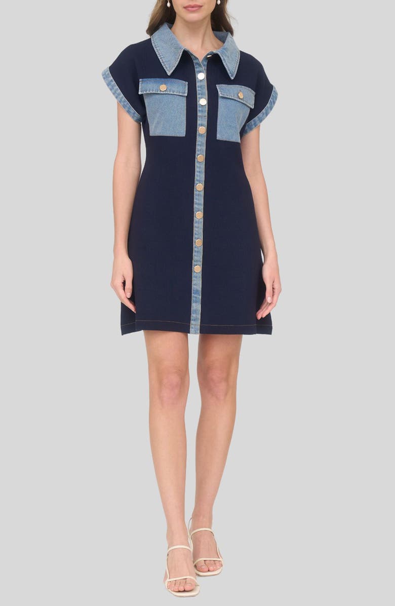 ZOE AND CLAIRE Knit Denim Trim Minidress, Main, color, Navy