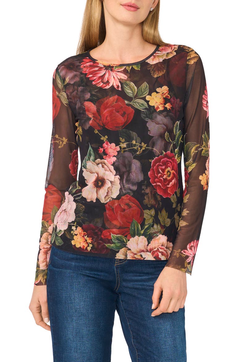 Long Sleeve Mesh Top, Main, color, RICH BLACK