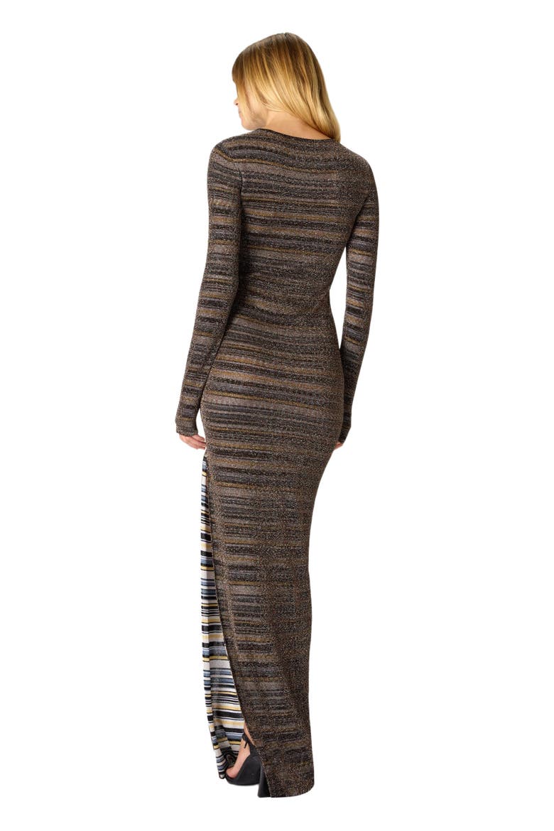 Long Dress In Striped Viscose Lamé With Slit, Alternate, color, Gold& Beige