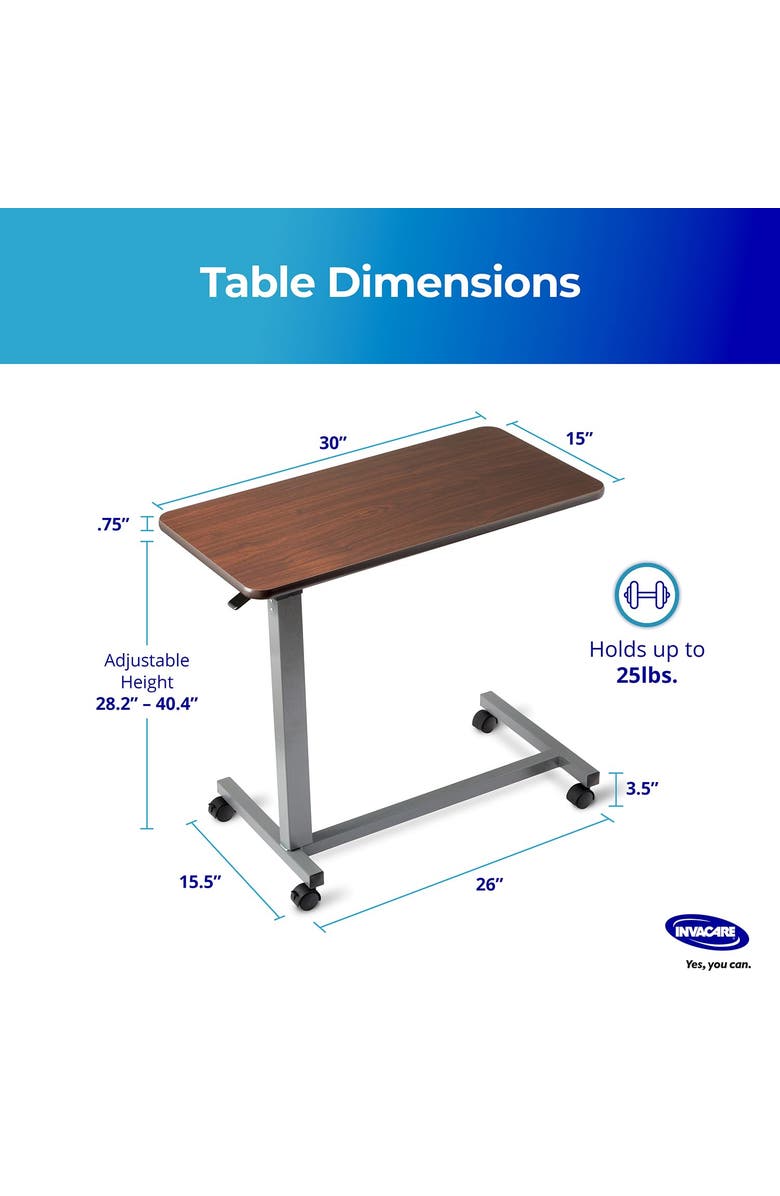 Invacare Adjustable Medical Bedside Table with L-Shaped Base, Alternate, color, Brown
