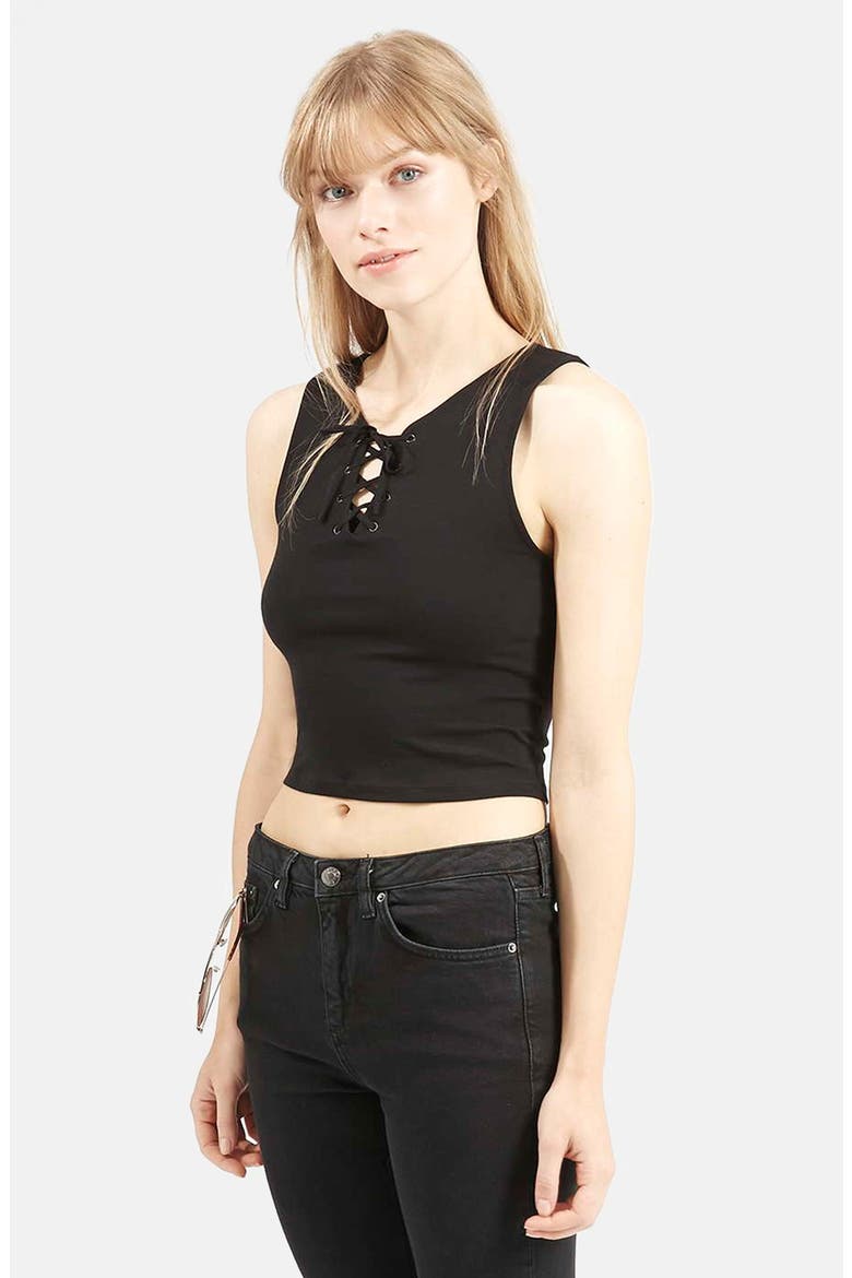 Lace-Up Crop Top, Main, color, BLACK