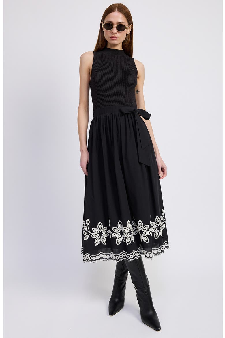 Isidora Embroidery Detail Mixed Media Midi Dress, Alternate, color, BLACK