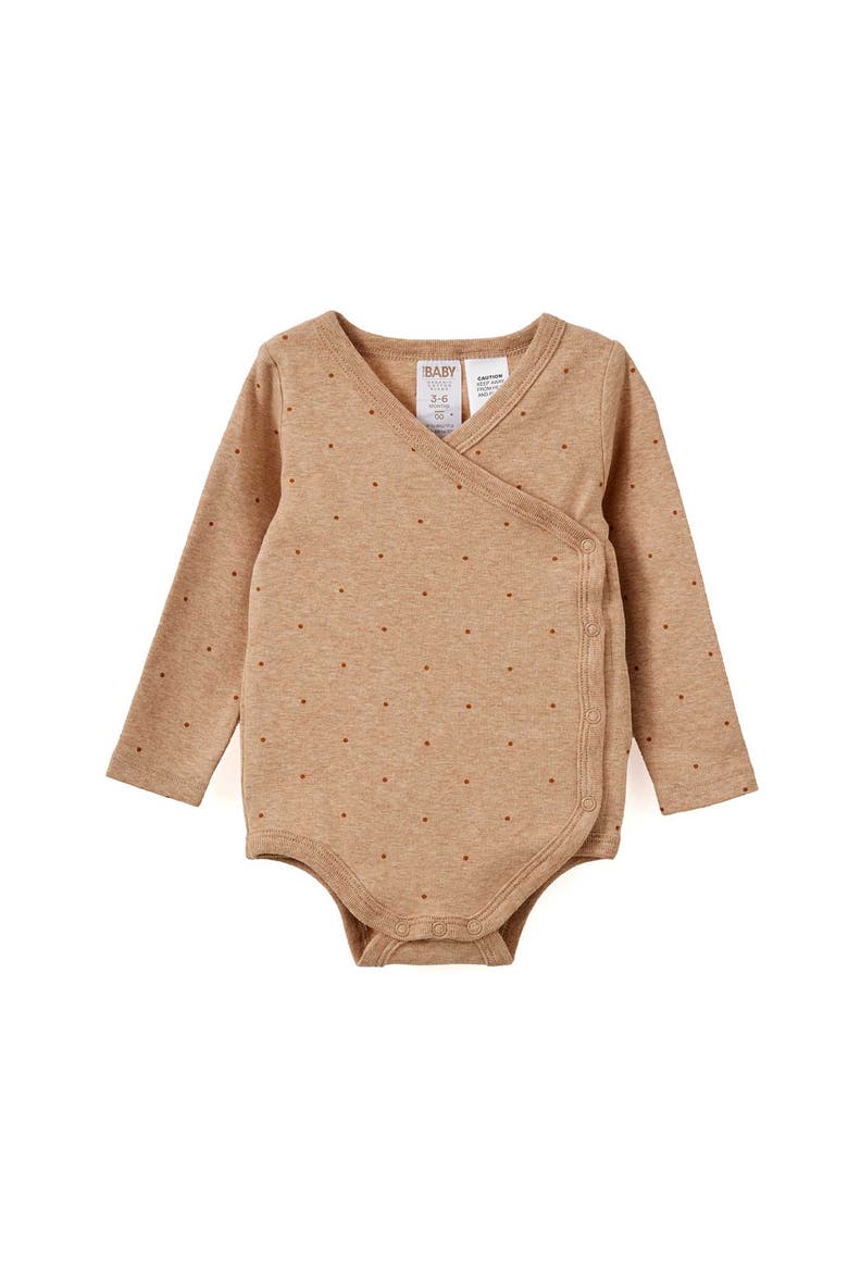 Organic Cross Over Long Sleeve Bubbysuit, Main, color, Caramel Fudge Marle Spot