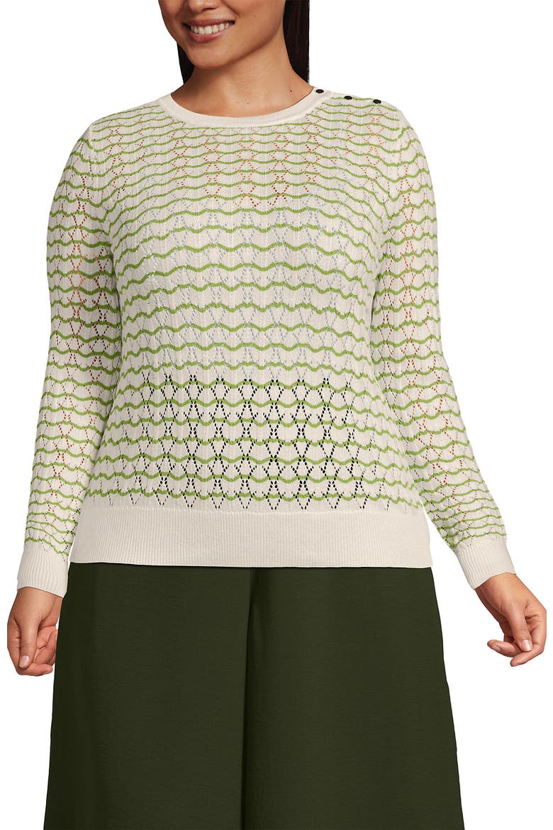 Plus Size Cotton Viscose Button Shoulder Modern Crew Sweater, Main, color, Pistachio/Ivory Stitch Stripe