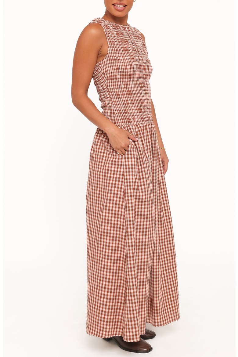 Maleny Gingham Smocked Maxi Dress, Alternate, color, BROWN GINGHAM