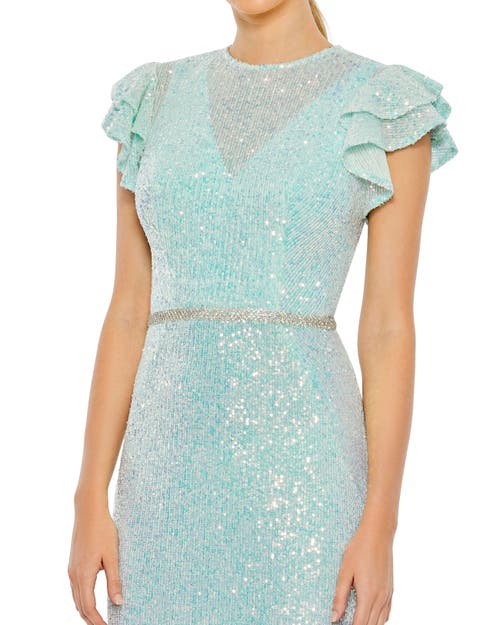 Mac Duggal Sequined High Neck Flutter Sleeve Gown