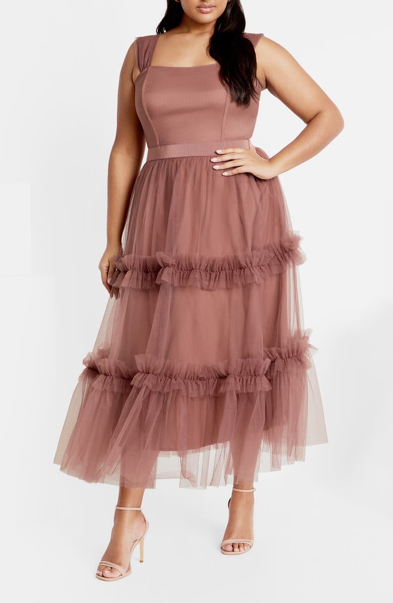 City Chic Charming Tulle Ruffle Dress, Main, color, Vintage Rose
